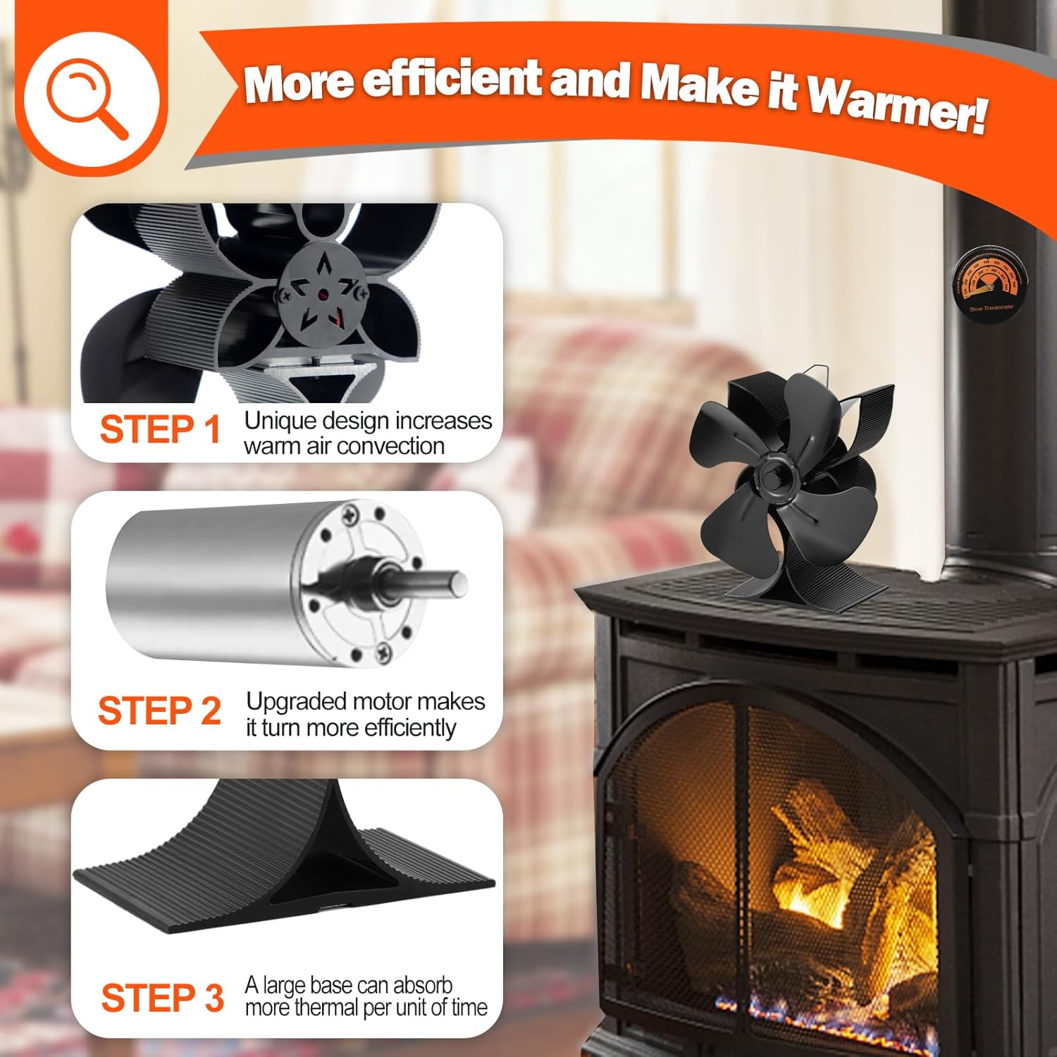 Non Electric Wood Stove Fan with Bracket & Thermometer M4363