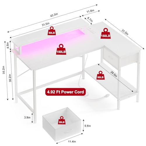 Rustic Brown L Shaped Computer Desk with Power Outlets and LED Lights and Drawer Y743
