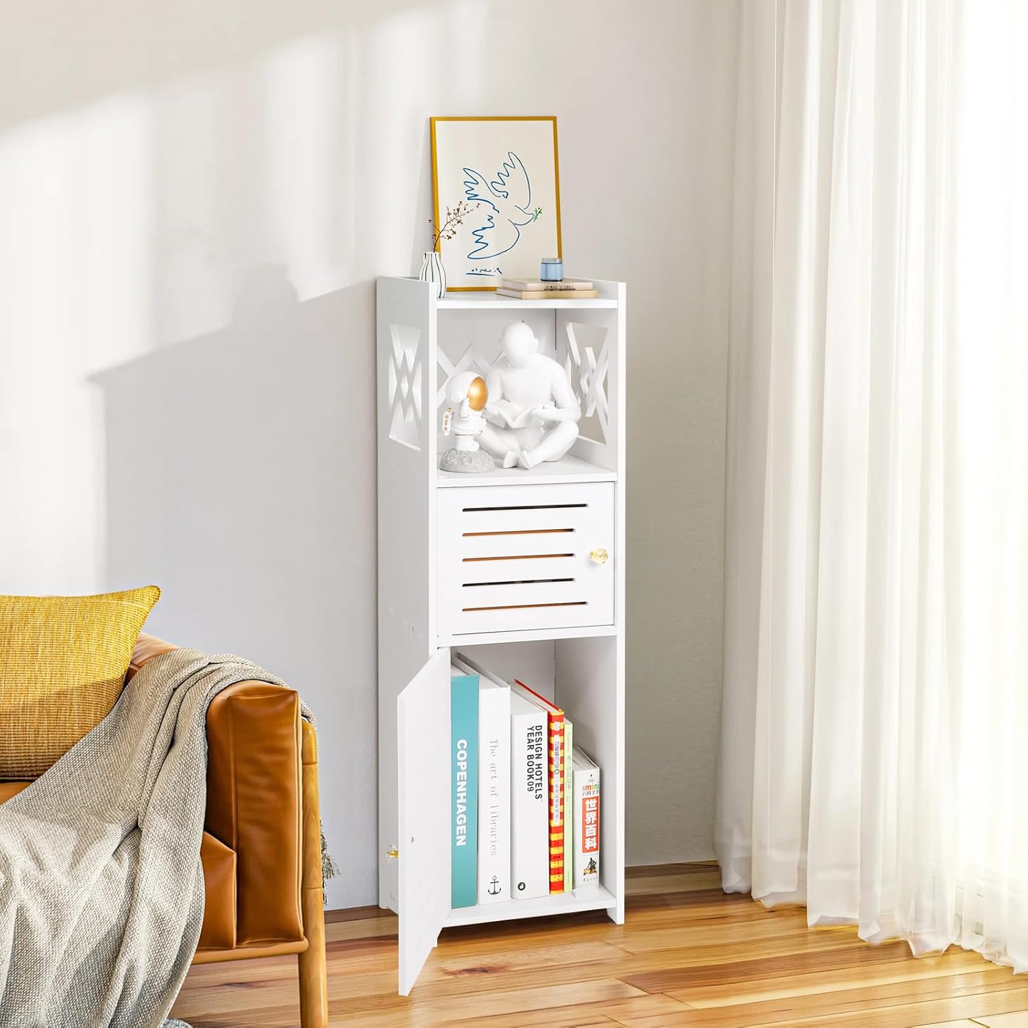 Slim Bathroom Storage Cabinet with Double Door and 3 Tier Shelf J7195