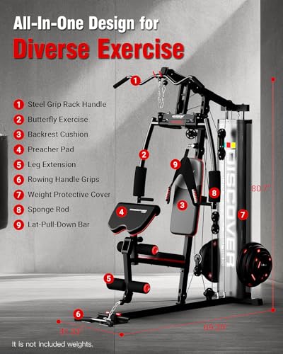 Home Gym Equipment with Pulley System, Weight Bench, Rowing Machine A99815