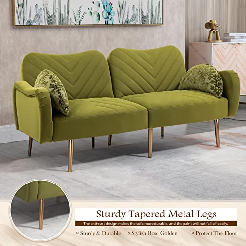 Beige Velvet Convertible Futon Sofa Bed with 2 Pillows Q4414