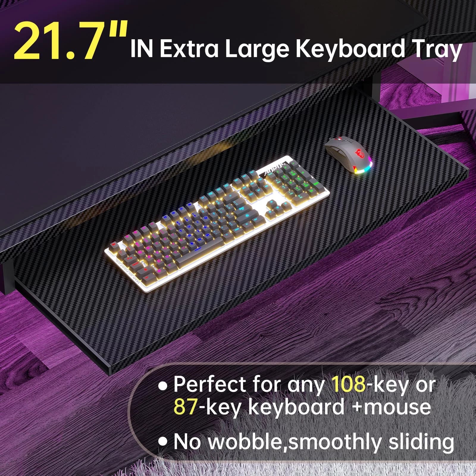 Black L Shaped Gaming Desk with LED Lights, Power Strip, 2 Fabric Drawers, Storage Shelf, Keyboard Tray D138428