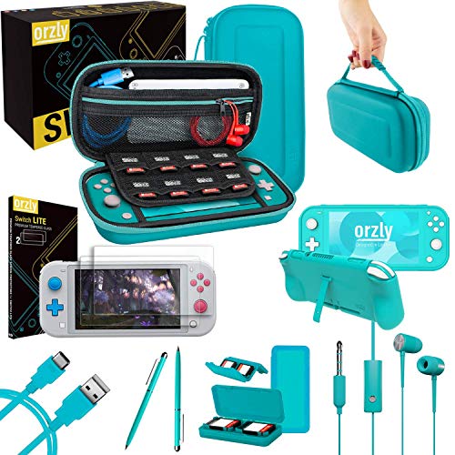 Switch Lite Accessories Bundle - Case & Screen Protector, USB Cable, Games Holder, Grip Case, Headphones, Thumb-Grip Pack (Turquoise Blue) F367