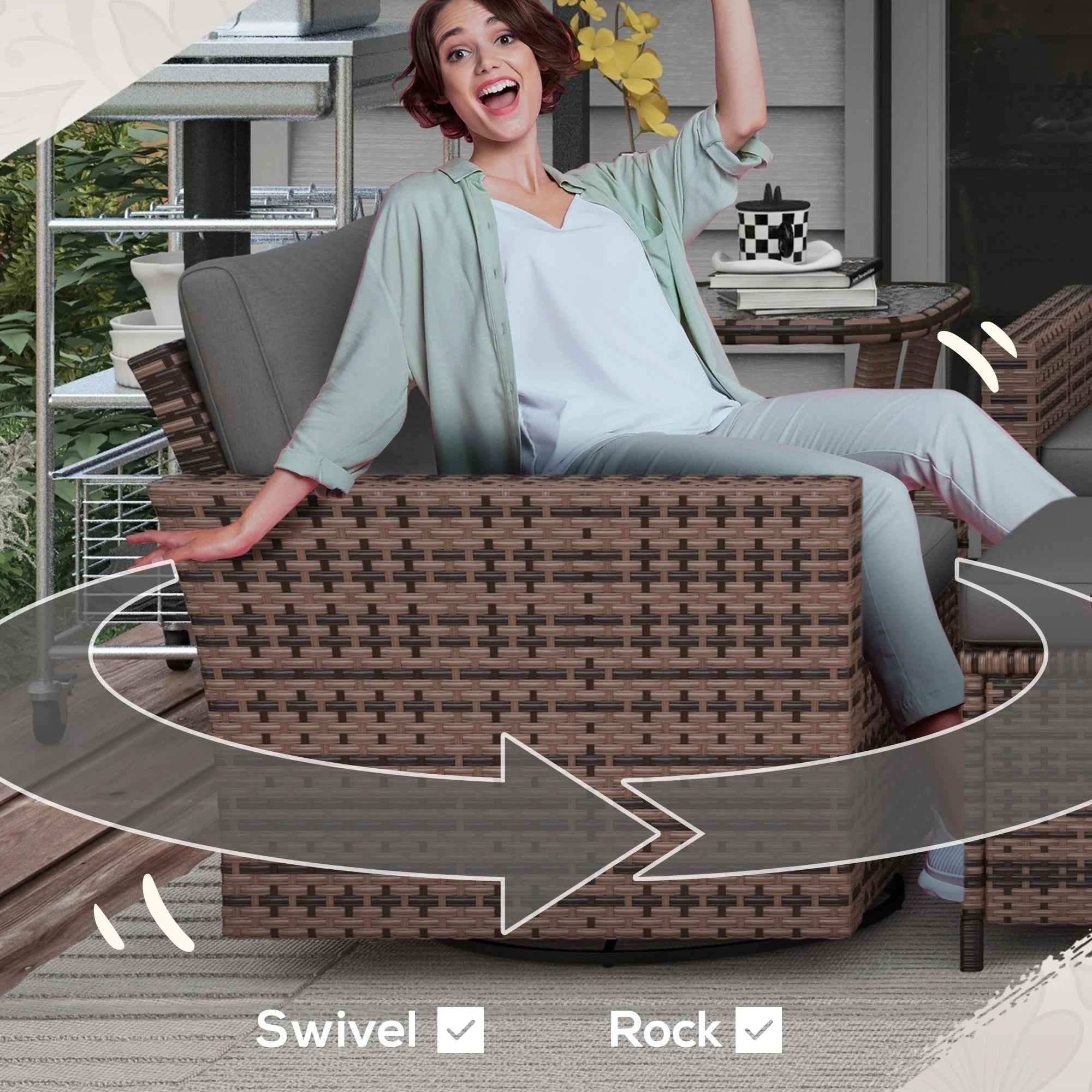 6pc Patio Furniture Set with Couch, Swivel Rocking Chairs, Brown A38731