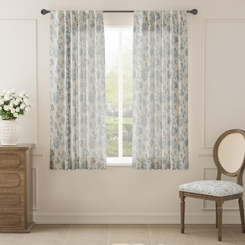 Sage Green Linen Floral Curtains 84 Inch Length Set 2 Panels T6136