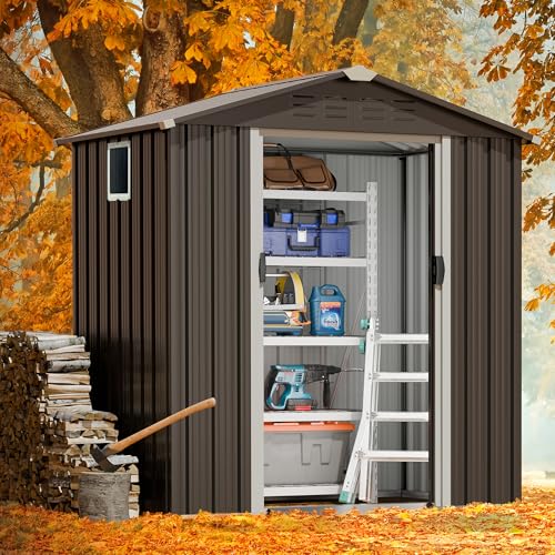 5x3 FT Waterproof Metal Garden Shed with Window and Lockable Double Door Dark Gray T787