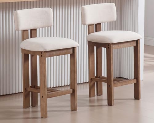 Set of 4 Beige Linen Upholstered Bar Height Stools with Hardwood Frame F283047