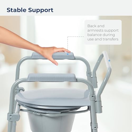 Folding Steel Bedside Commode Chair with 7.5 Qt. Bucket, Grey R931