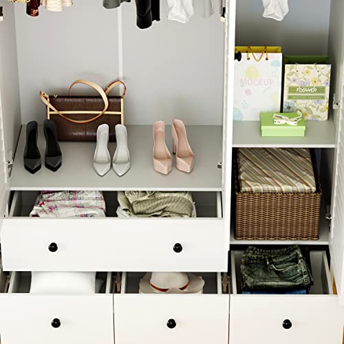White 5 Drawer Wardrobe Armoire with Shelves and Hanging Rod P93132