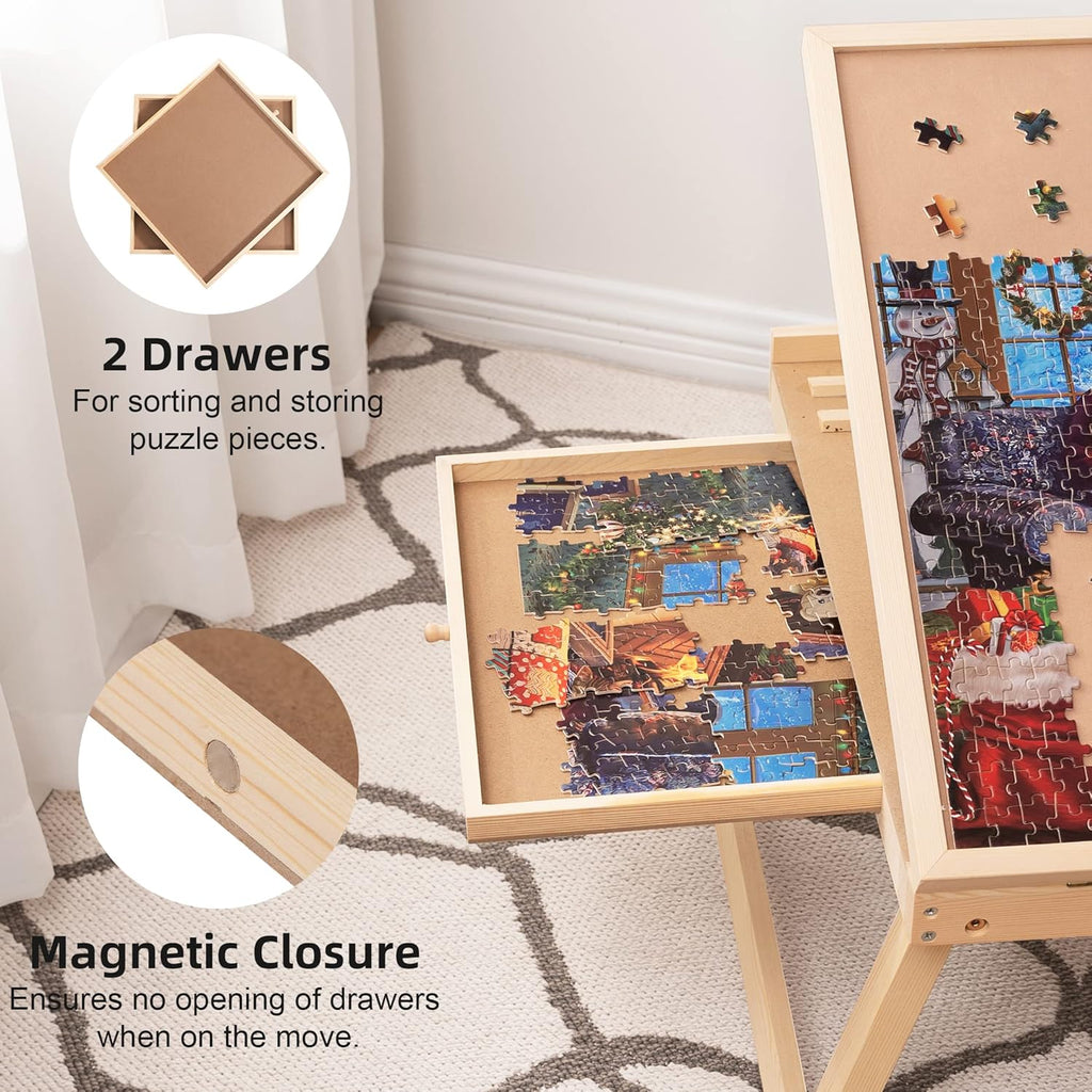 Tilting Puzzle Table with 2 Drawers, Adjustable Jigsaw Puzzle Board, Portable Wooden Puzzle Plateau with Folding Legs & Non-Slip Tabletop J978861