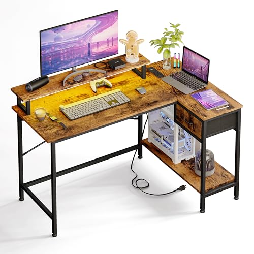 Rustic Brown L Shaped Computer Desk with Power Outlets and LED Lights and Drawer Y743