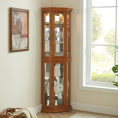 OAK Corner Curio Cabinet with Tempered Glass Door Q6405