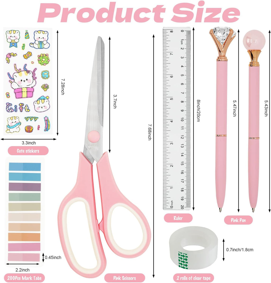 Pink Office Supplies Set with Stapler, Tape Dispenser, Pen Holder, 1000 Staples V7265
