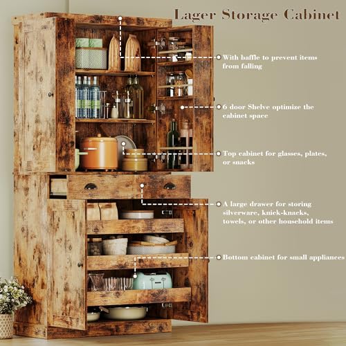 White 72" Tall Kitchen Pantry Cabinet with Sliding Storage Rack and 6 Hanging Shelves E202852