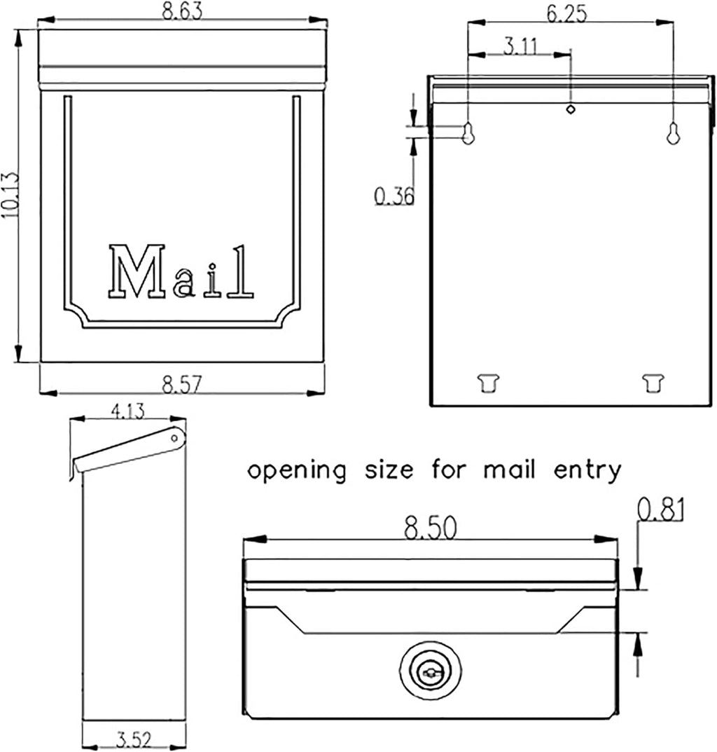 Galvanized Steel Wall Mount Mailbox, Black, 4.1 x 8.6 x 10.1 inches I86111