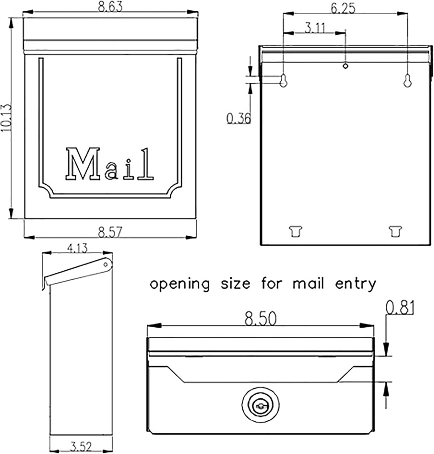 Galvanized Steel Wall Mount Mailbox, Black, 4.1 x 8.6 x 10.1 inches I86111