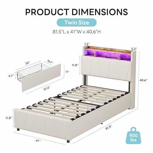 Beige Twin Upholstered Platform Bed Frame with 2 Storage Drawers and LED Lights G138