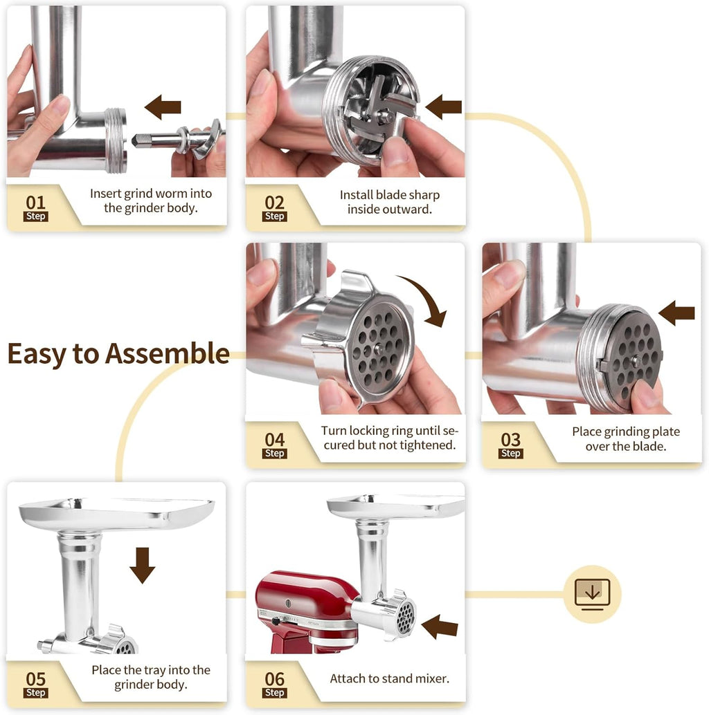 Metal Meat Grinder Attachment for KitchenAid Stand Mixer with 3 Sausage Stuffer Tubes M156408
