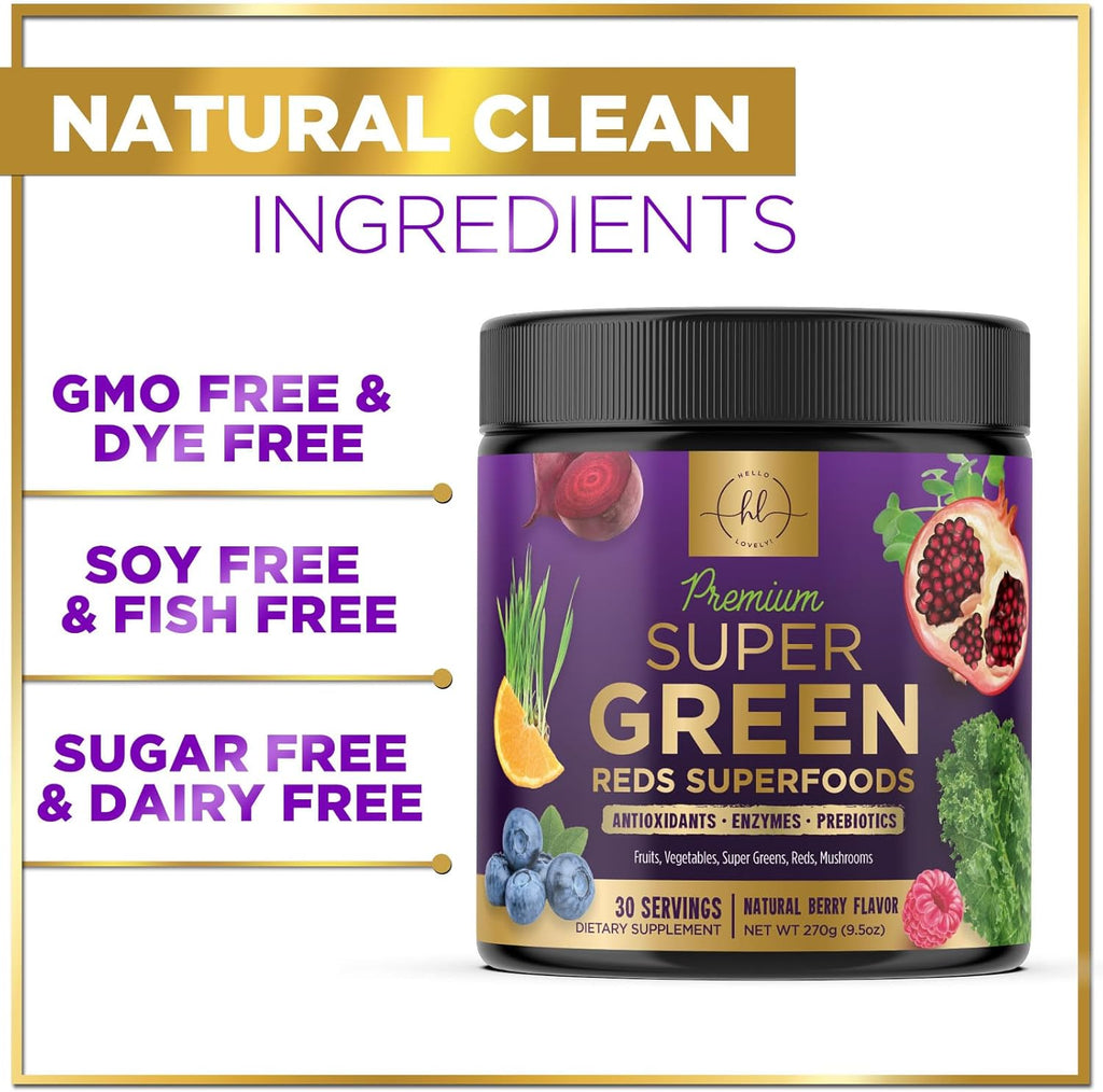 Super Greens Powder with Spirulina, Chlorella, Mushrooms, Antioxidants & Digestive Enzymes - 30 Servings J482