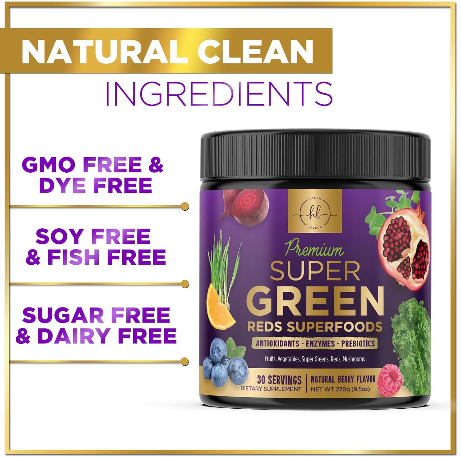 Super Greens Powder with Spirulina, Chlorella, Mushrooms, Antioxidants & Digestive Enzymes - 30 Servings J482