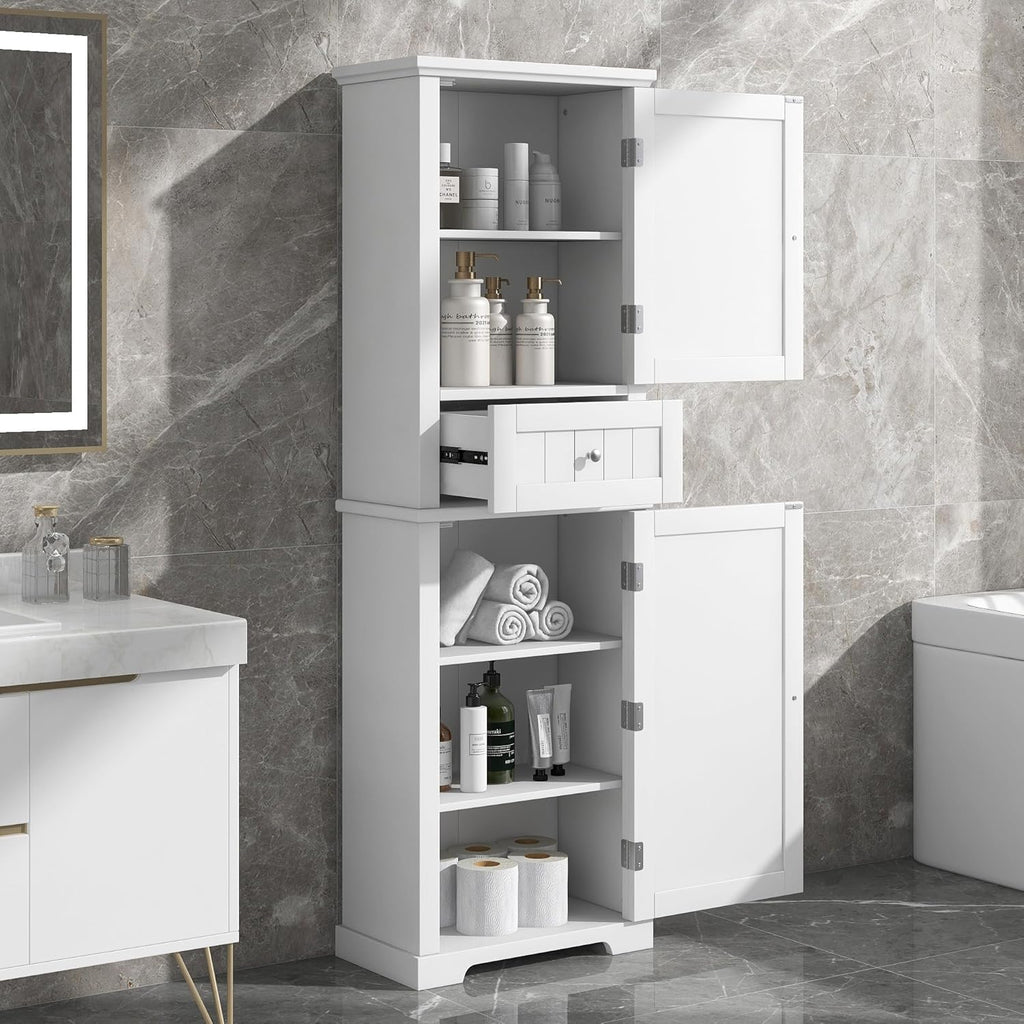 White Tall Linen Bathroom Storage Cabinet with 2 Doors and 1 Drawer L846932