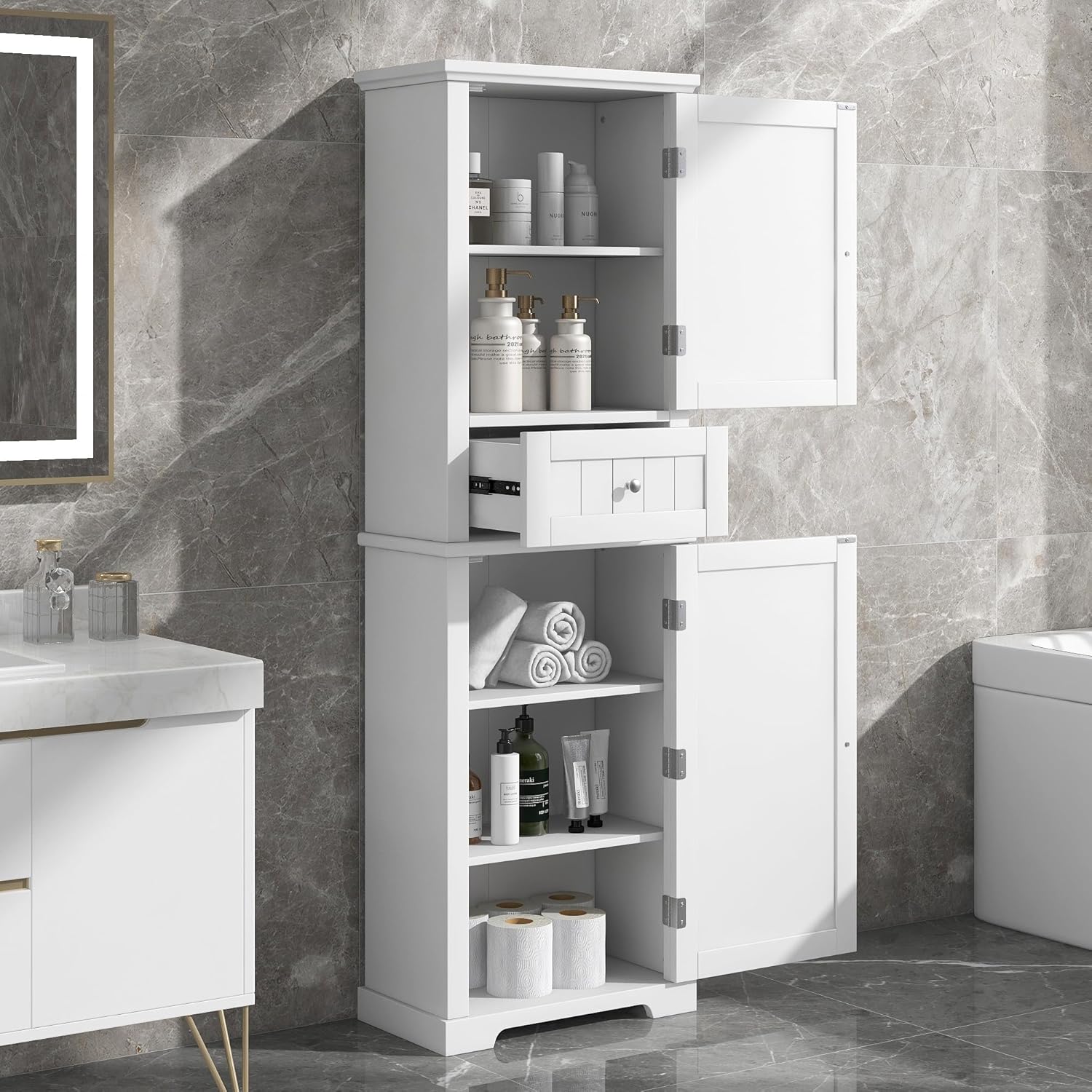 White Tall Linen Bathroom Storage Cabinet with 2 Doors and 1 Drawer L846932