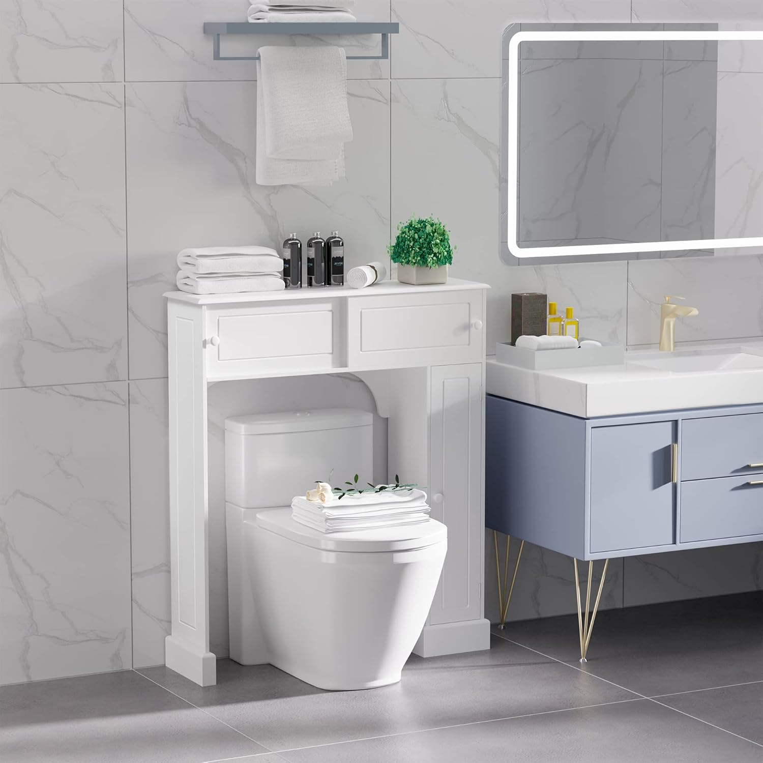 White Freestanding Over The Toilet Bathroom Cabinet with Adjustable Shelves V17073