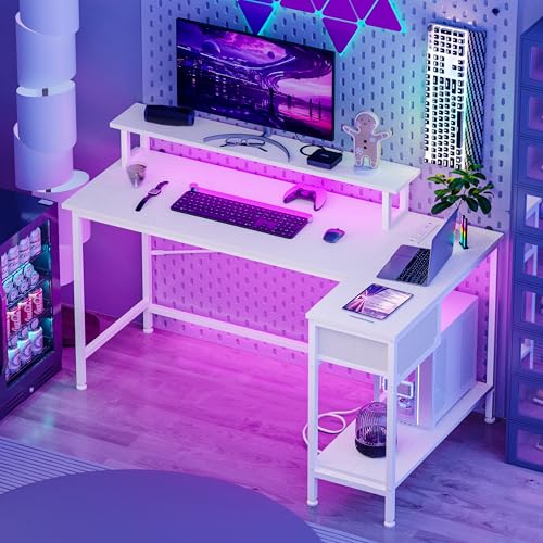 Rustic Brown L Shaped Computer Desk with Power Outlets and LED Lights and Drawer Y743