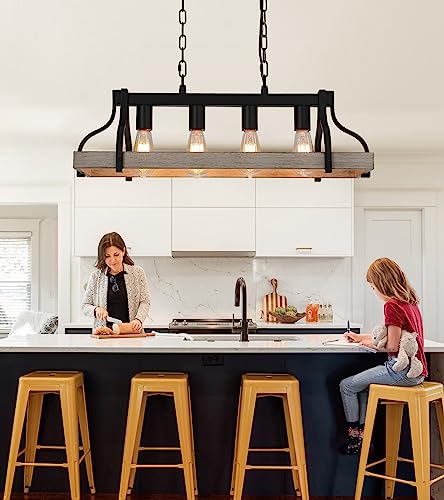 Black and Retro Wood Finish 4-Light Linear Chandelier B39300