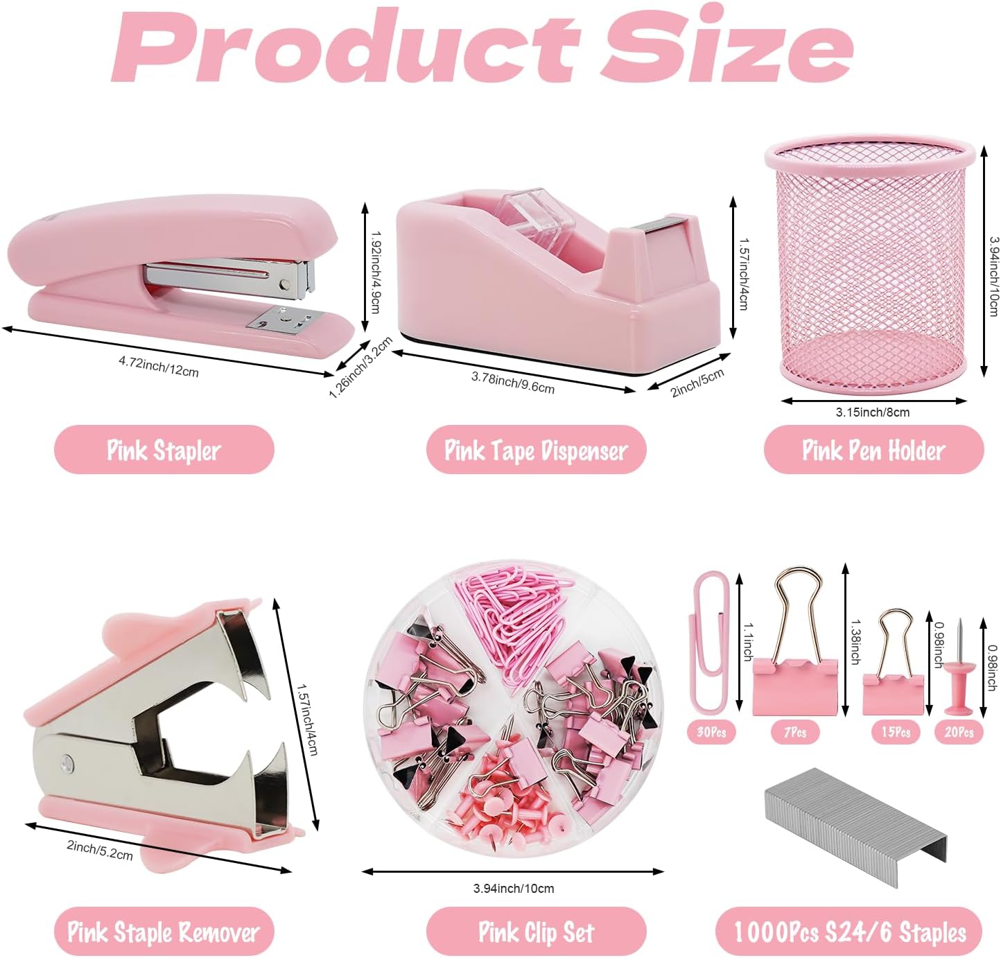 Pink Office Supplies Set with Stapler, Tape Dispenser, Pen Holder, 1000 Staples V7265