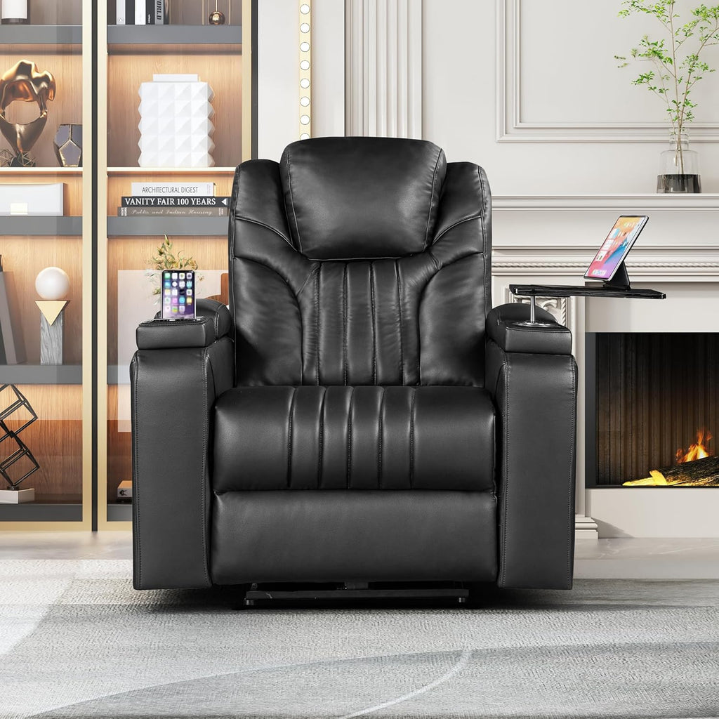 Black PU Leather Power Recliner with USB Port V2673