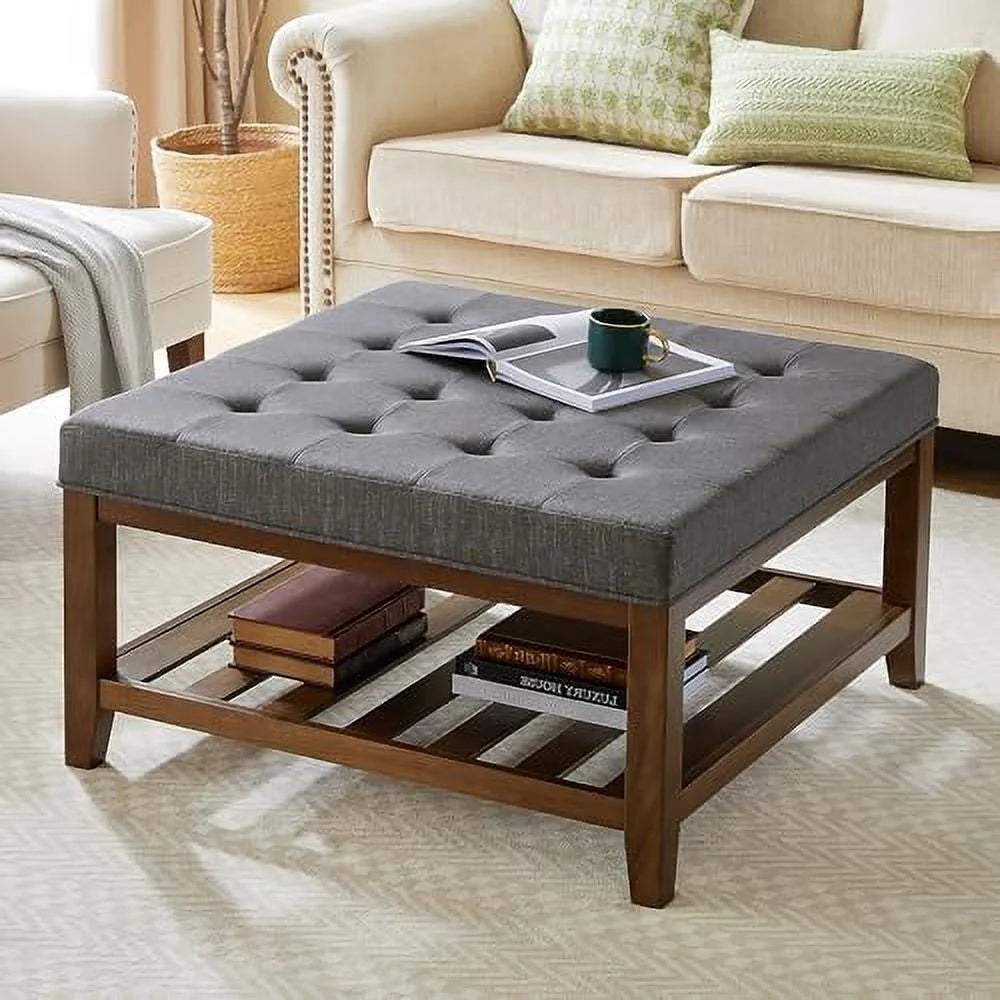 Square Ottoman Coffee Table with Button Tufted Upholstered Linen Wooden Stool Footrest Light Be B366277