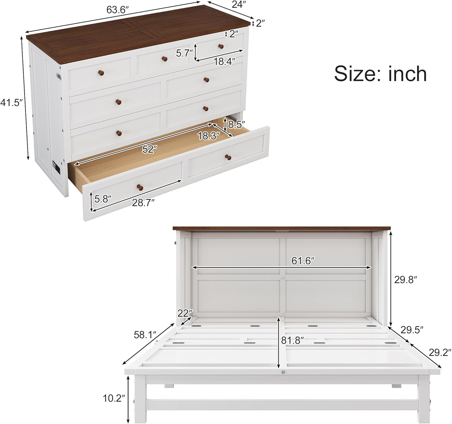 White Walnut Wood Queen Murphy Bed with Storage Drawers M753