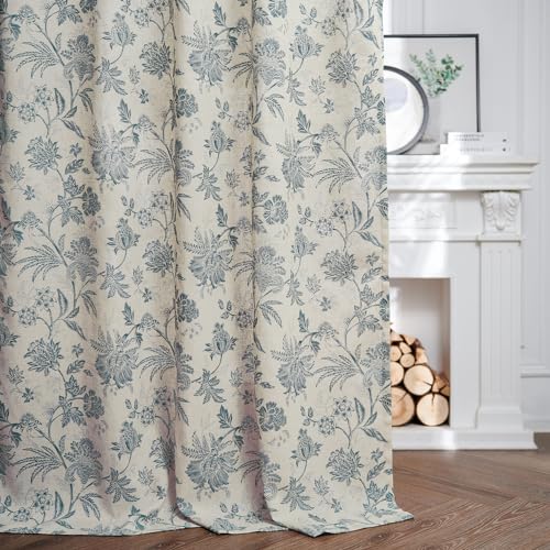 Sage Green Linen Floral Curtains 84 Inch Length Set 2 Panels T6136