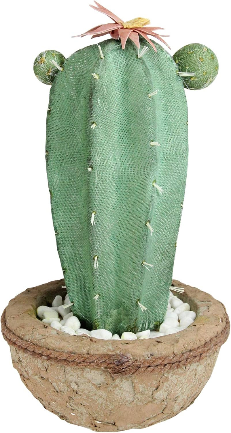13.75” Potted Green and Brown Artificial Cactus Plant with Flowers J31751