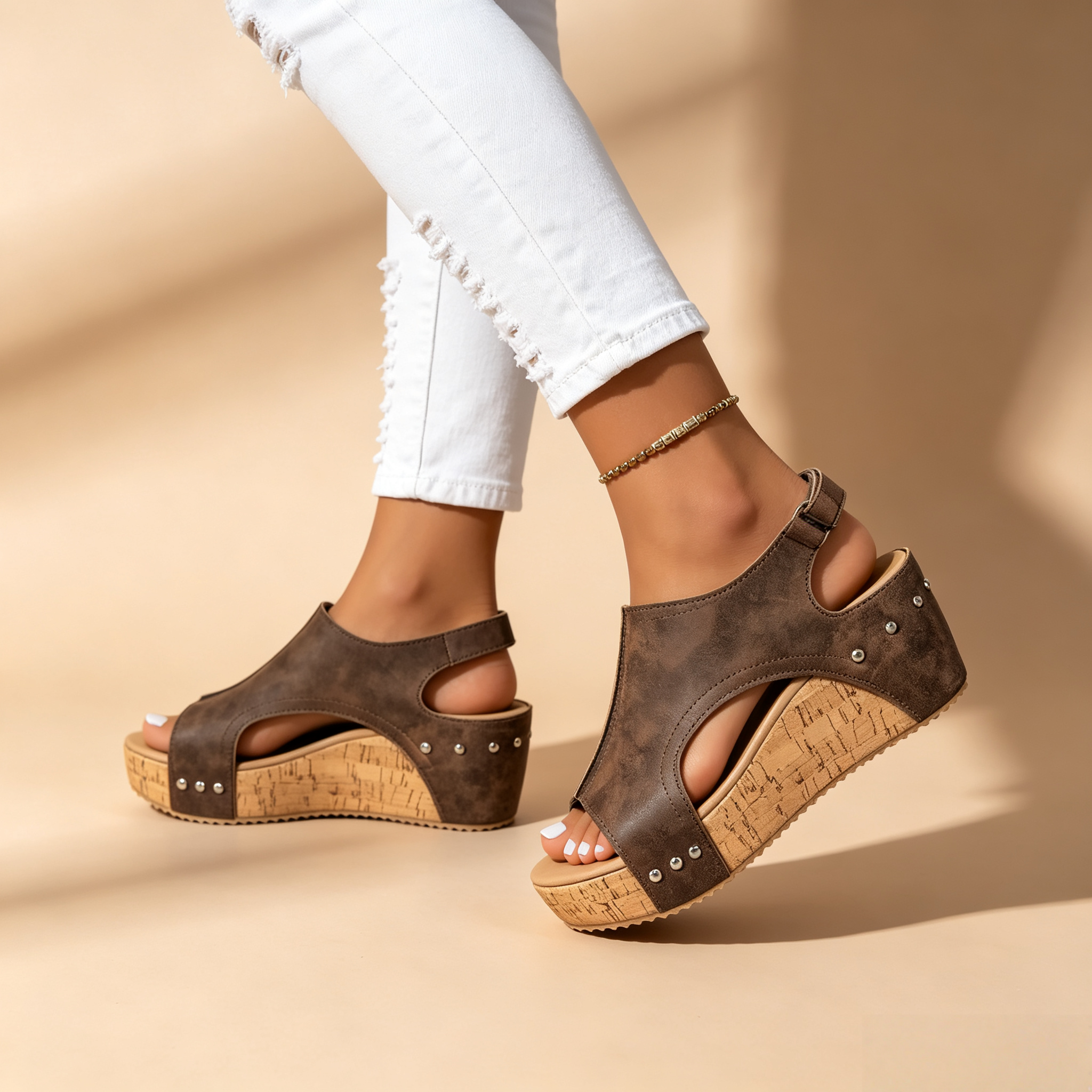 Women's Peep Toe Cork Wedge Platform Mules with Studs