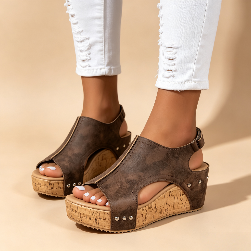 Women's Peep Toe Cork Wedge Platform Mules with Studs