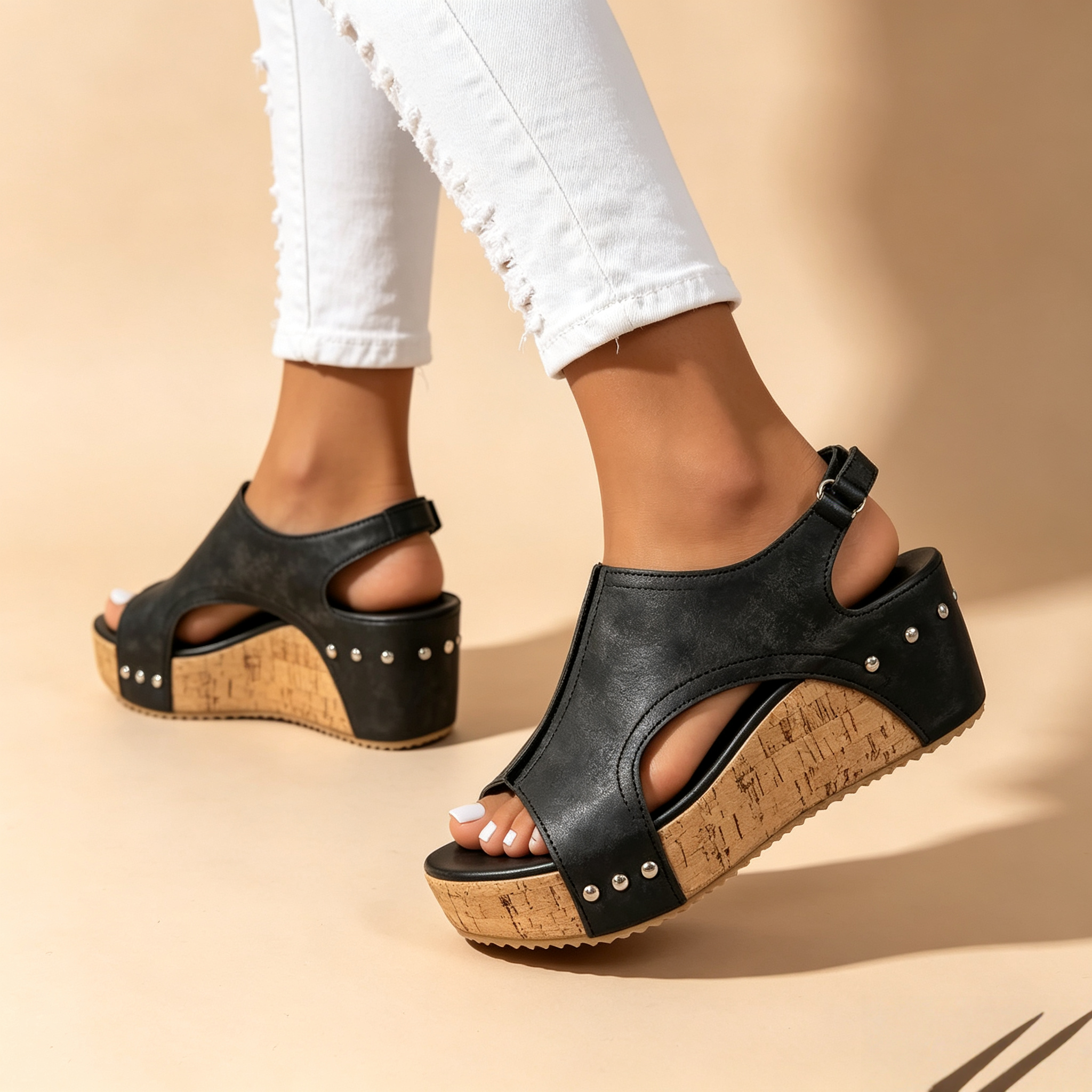 Women's Peep Toe Cork Wedge Platform Mules with Studs
