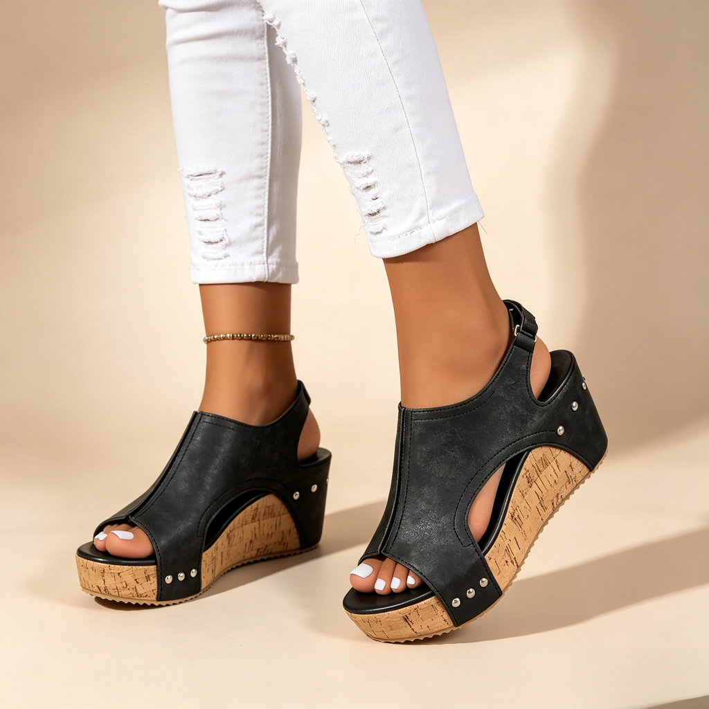 Women's Peep Toe Cork Wedge Platform Mules with Studs