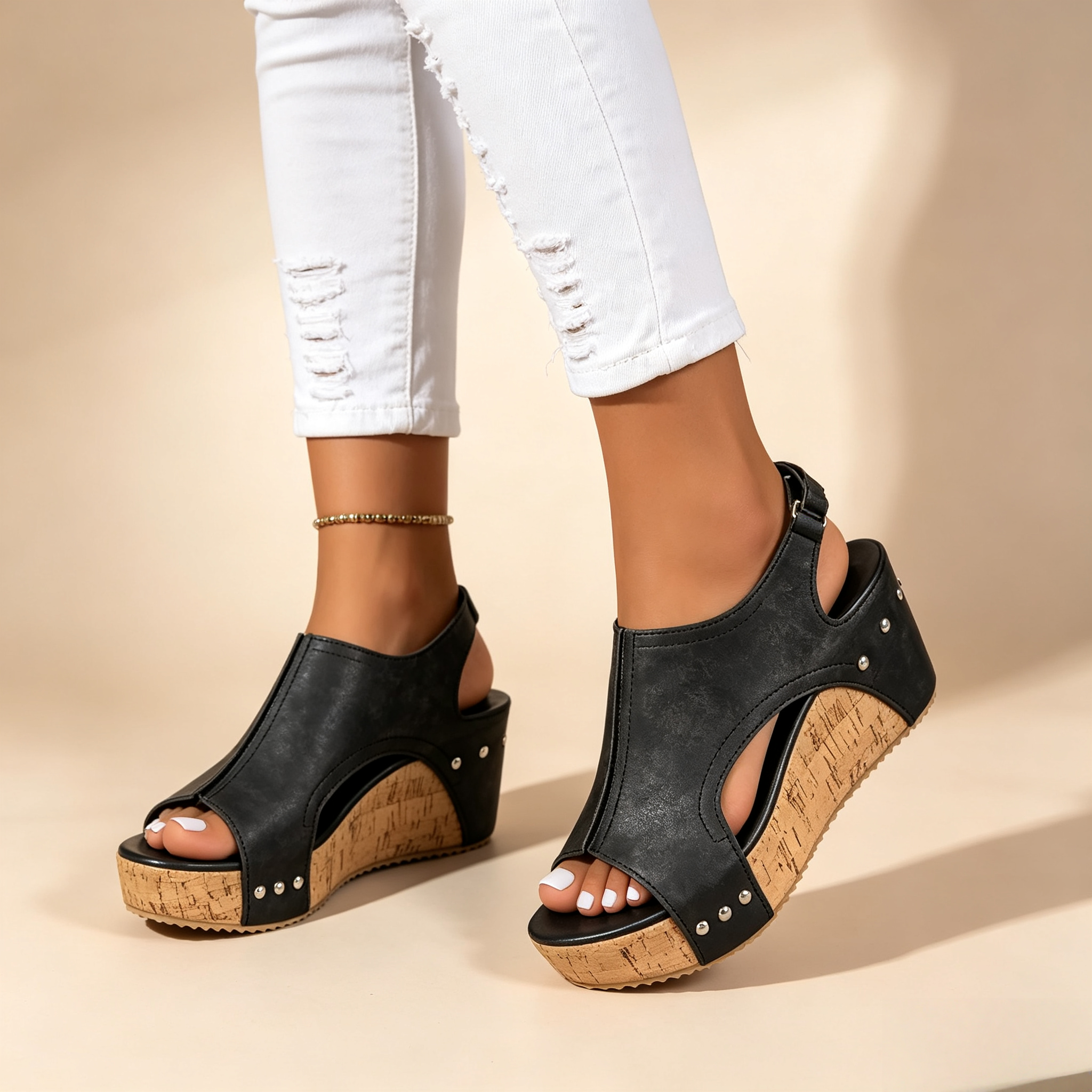 Women's Peep Toe Cork Wedge Platform Mules with Studs