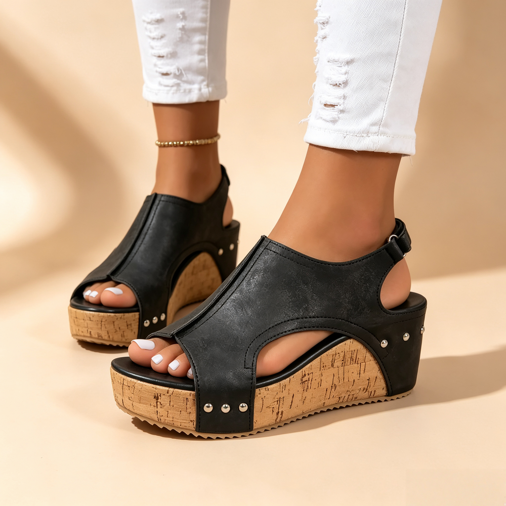 Women's Peep Toe Cork Wedge Platform Mules with Studs