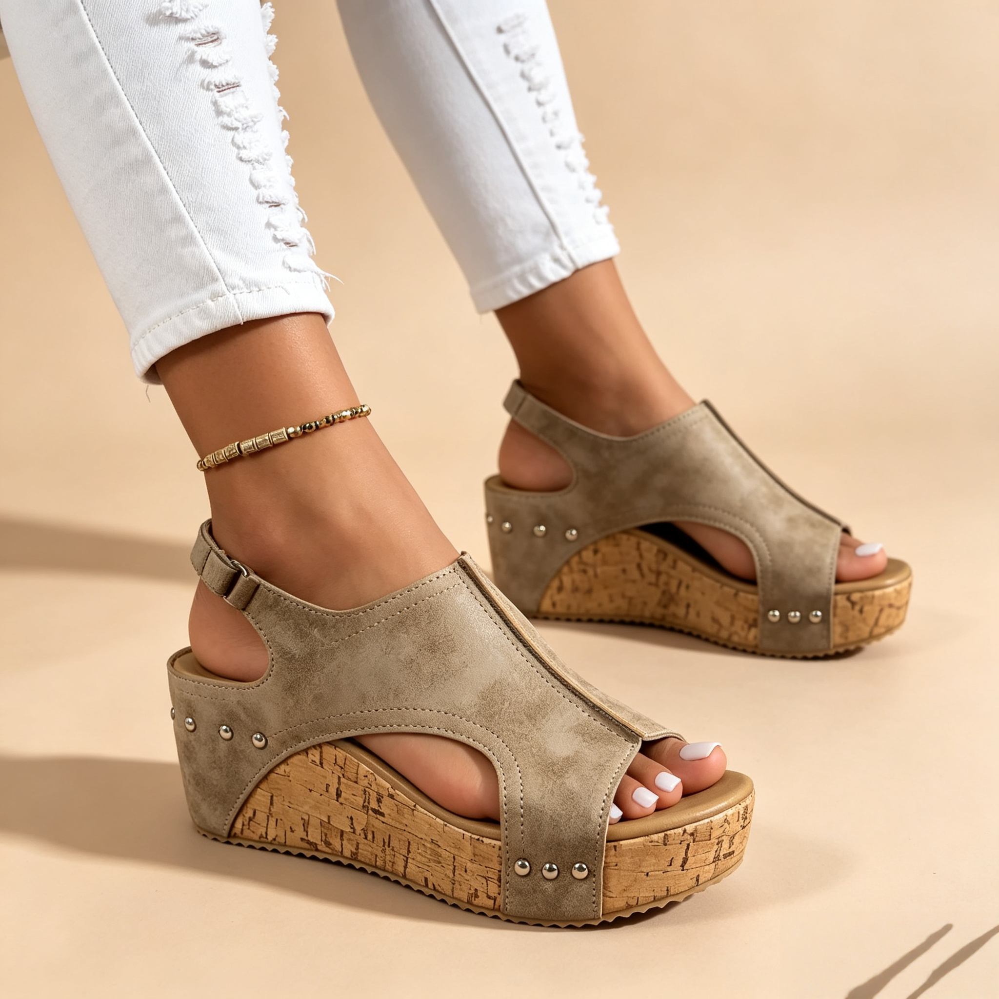 Women's Peep Toe Cork Wedge Platform Mules with Studs