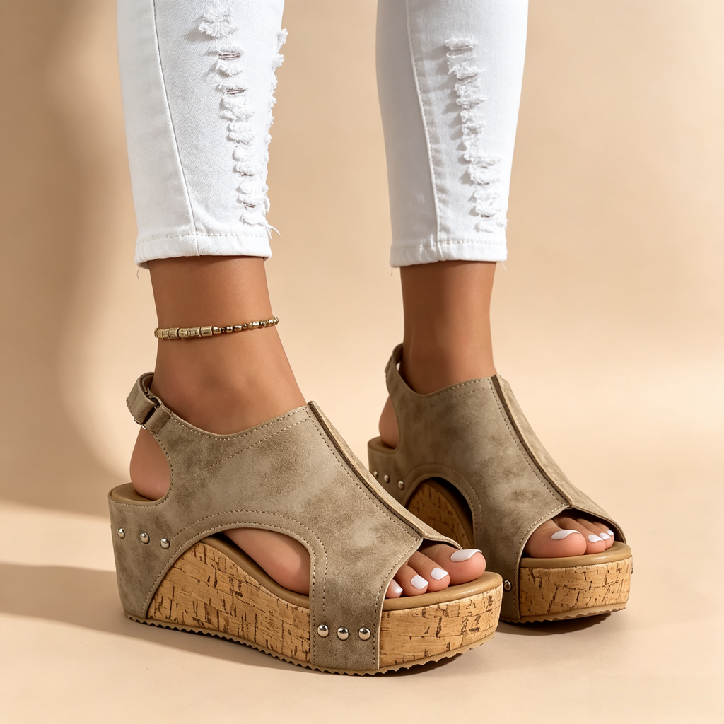Women's Peep Toe Cork Wedge Platform Mules with Studs