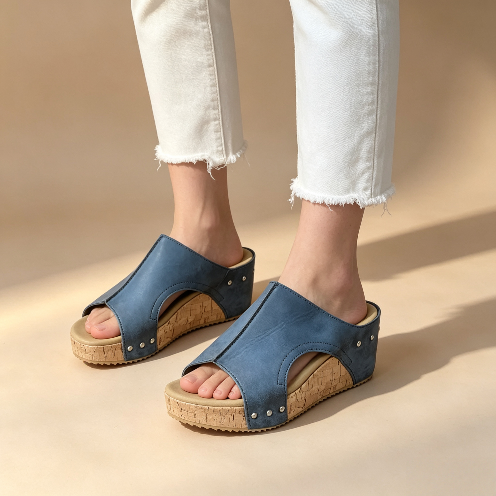 Women's Peep Toe Cork Wedge Platform Mules with Studs