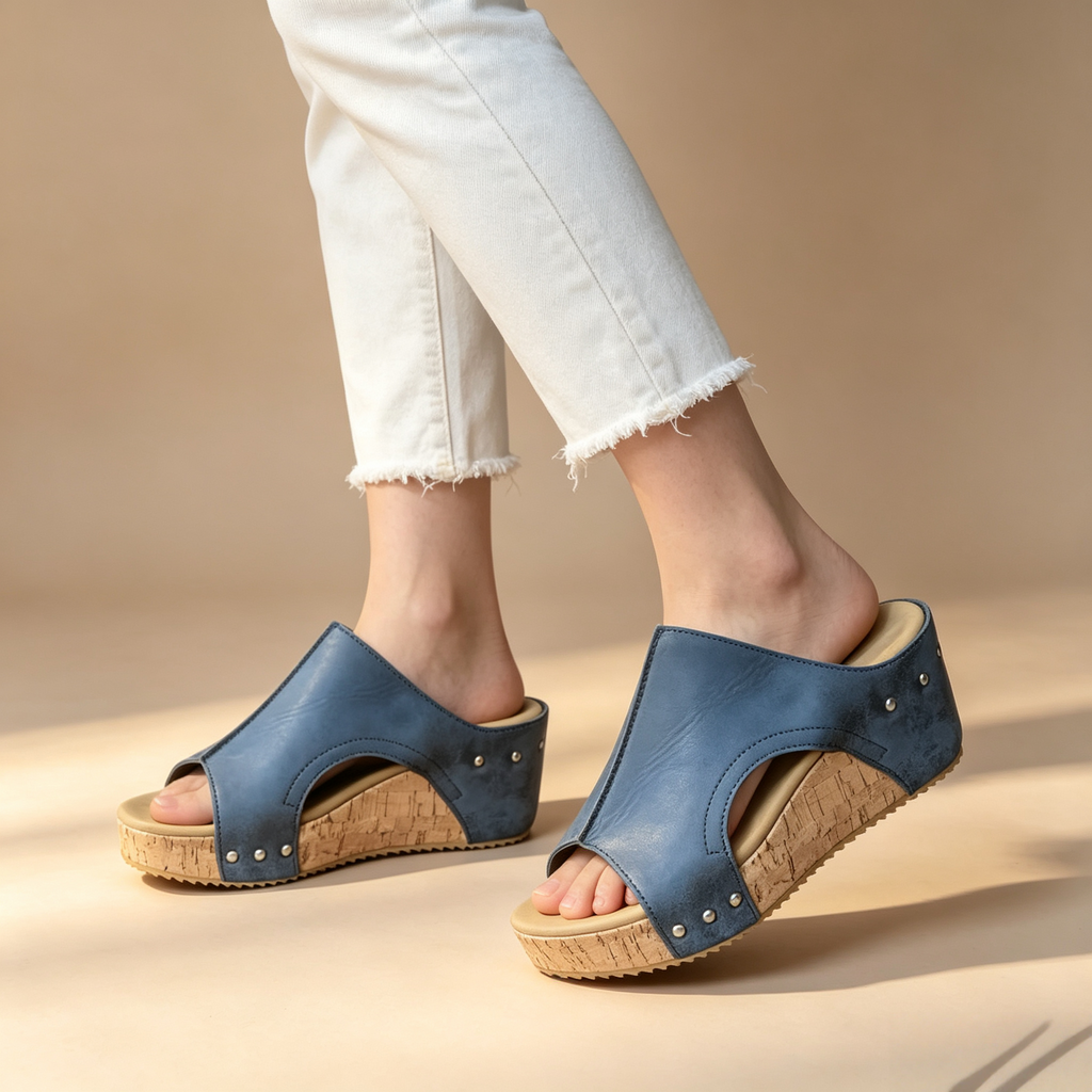 Women's Peep Toe Cork Wedge Platform Mules with Studs
