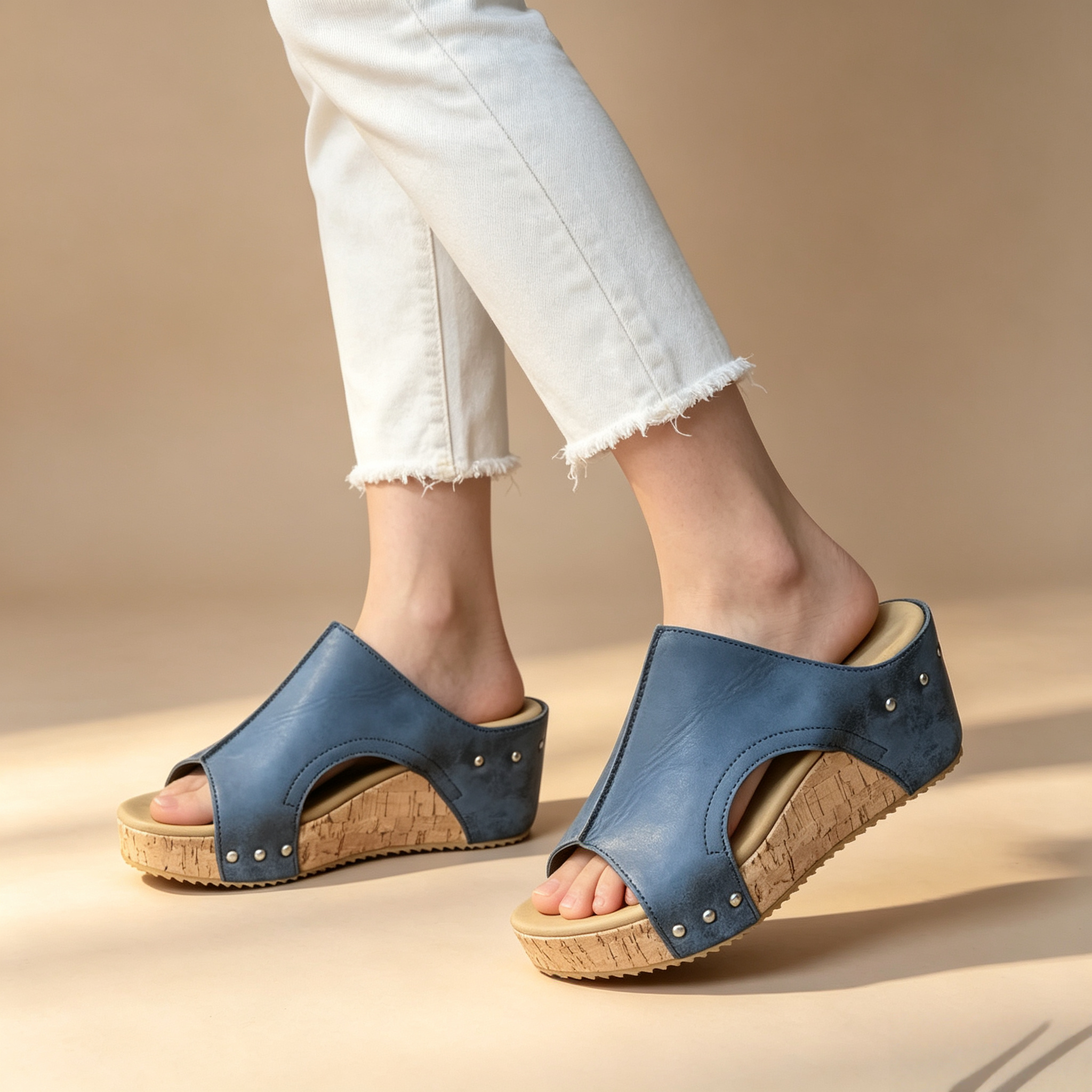 Women's Peep Toe Cork Wedge Platform Mules with Studs