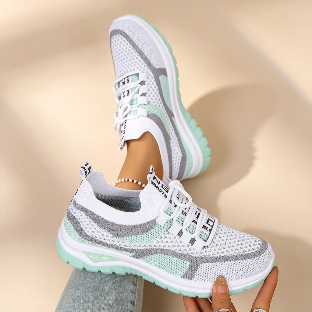 Women's Breathable Mesh Colorblock Sneakers – Lightweight Lace-Up Casual Sports Shoes