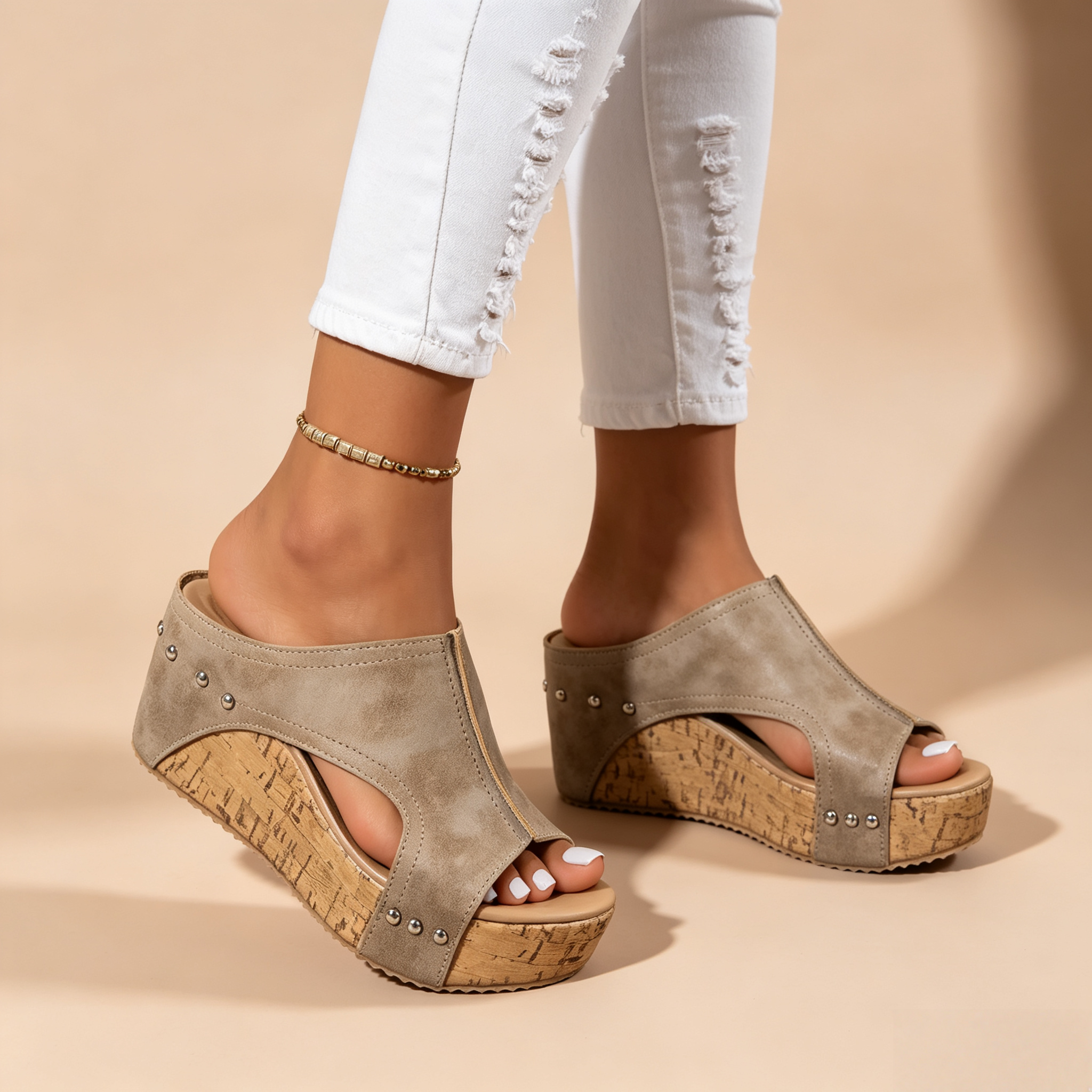 Women's Peep Toe Cork Wedge Platform Mules with Studs