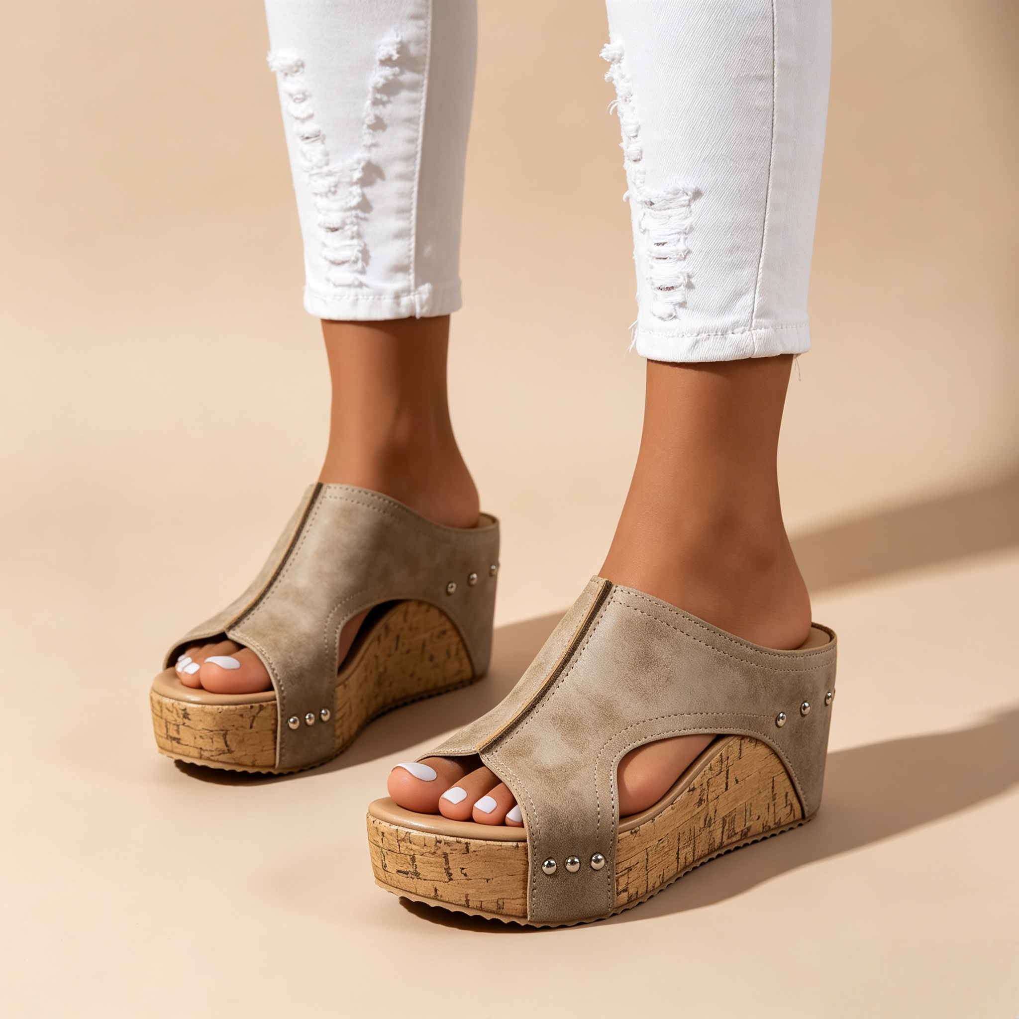 Women's Peep Toe Cork Wedge Platform Mules with Studs