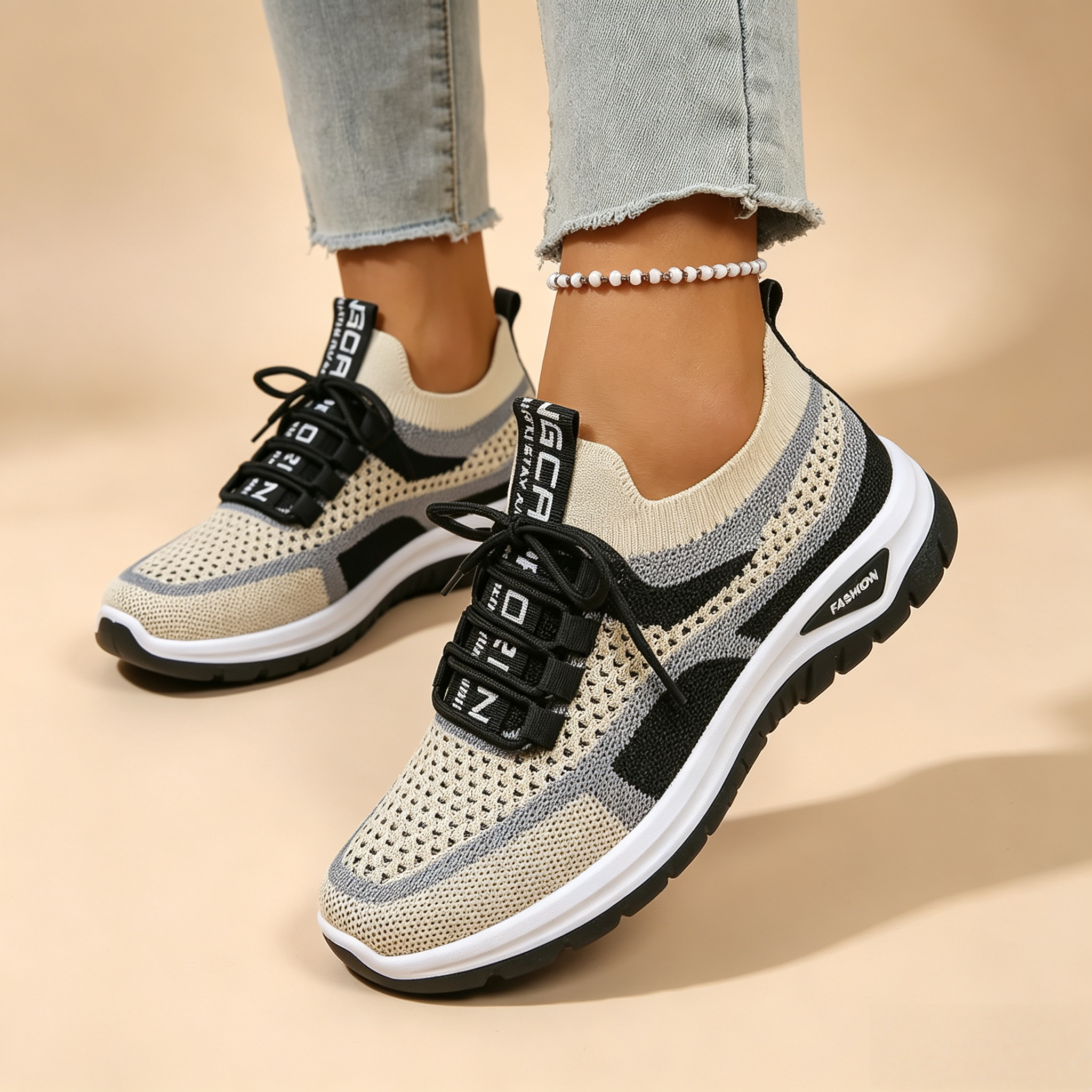 Women's Breathable Mesh Colorblock Sneakers – Lightweight Lace-Up Casual Sports Shoes